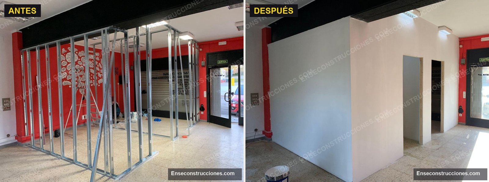 Antes y después de la reforma de un local comercial: de perfilería a tabique acabado