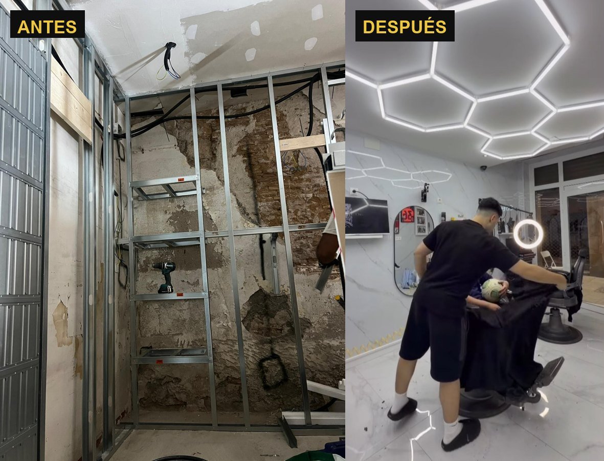Antes y después de la reforma de una barbería: de la pared de ladrillo y perfilería al local terminado con techo hexagonal LED
